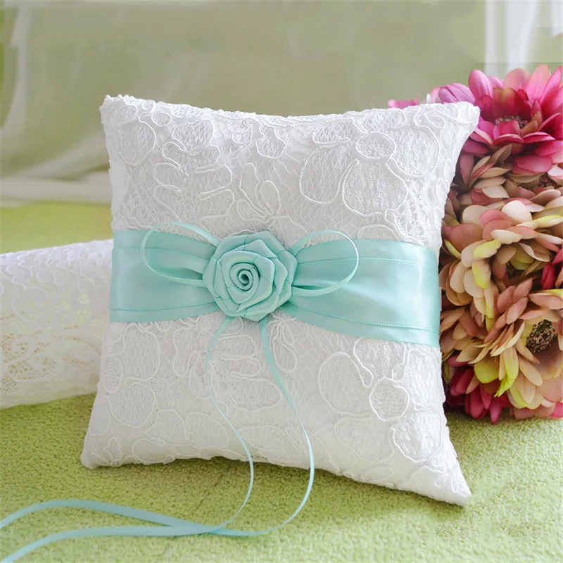 1 шт./лот лента шелк Тиффани синяя Роза кольцо Подушка квадратное кружево для