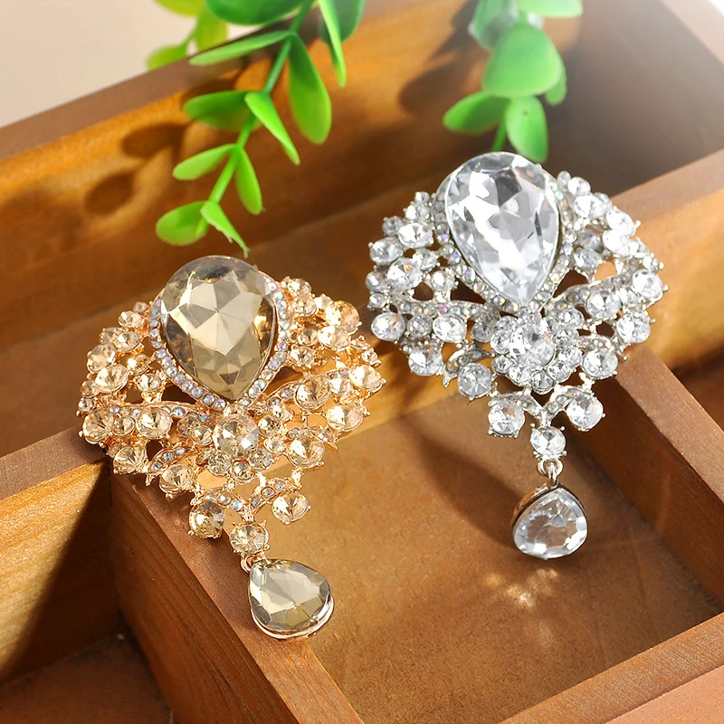 Hot Women Men Design Brooch Wedding Bridal Bouquet Clear Crystal Diamante Rhinestone Teardrop Dangle Brooch Pin