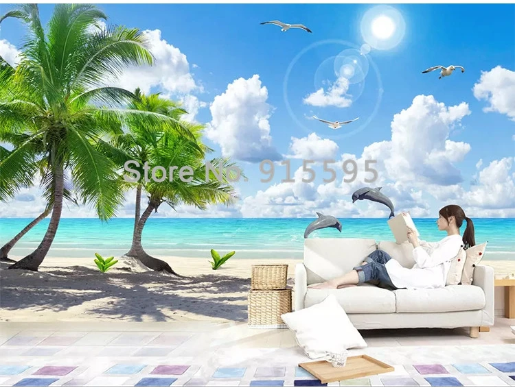 Пользовательские 3D Настенные обои нетканые спальня ТВ фон Fresco HD кокосовое дерево пляж Дельфин пейзаж фото рулон бумаги