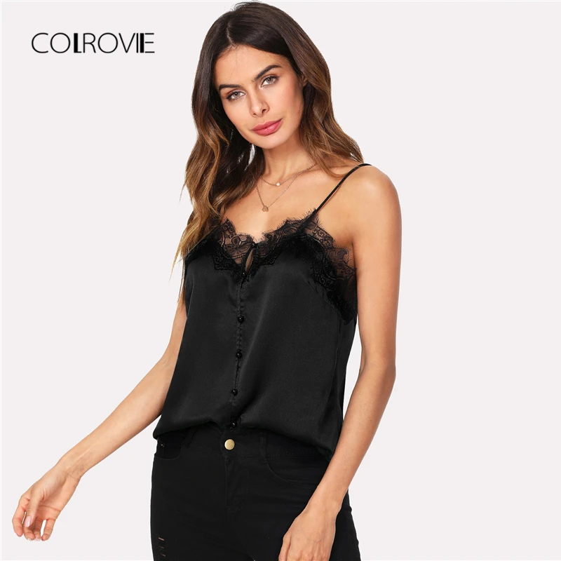 COLROVIE, черный сексуальный топ с пуговицами спереди, кружевной топ, футболка,, горчичный, летний, синий, топы, Одноцветный жилет на бретелях, Женская майка, женская одежда