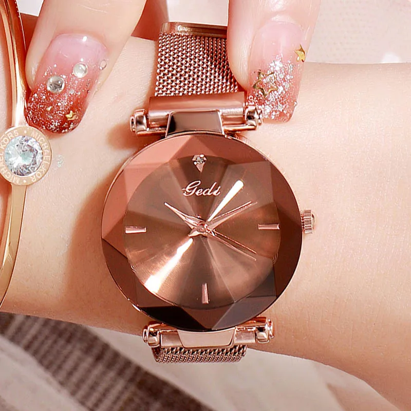 Rosegold brown GEDI Магнитный сетчатый ремень женские наручные часы Элегантные кварцевые женские часы модные водонепроницаемые часы женские новые брендовые reloj mujer - Цвет: Rosegold brown