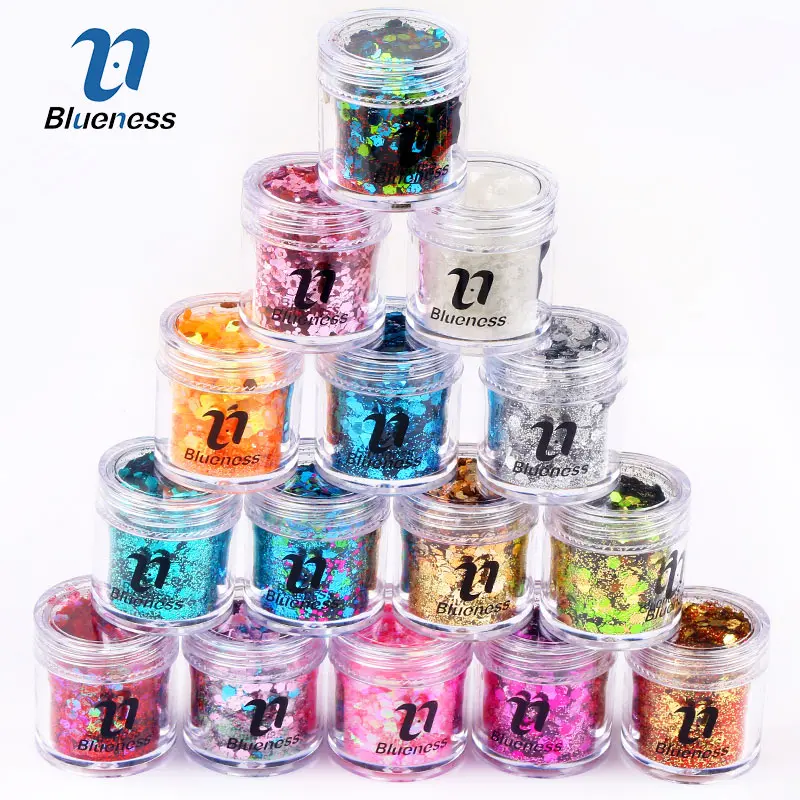Blueness 10 г/бутылка смешивания ногтей лазерный порошок с блестками акриловые