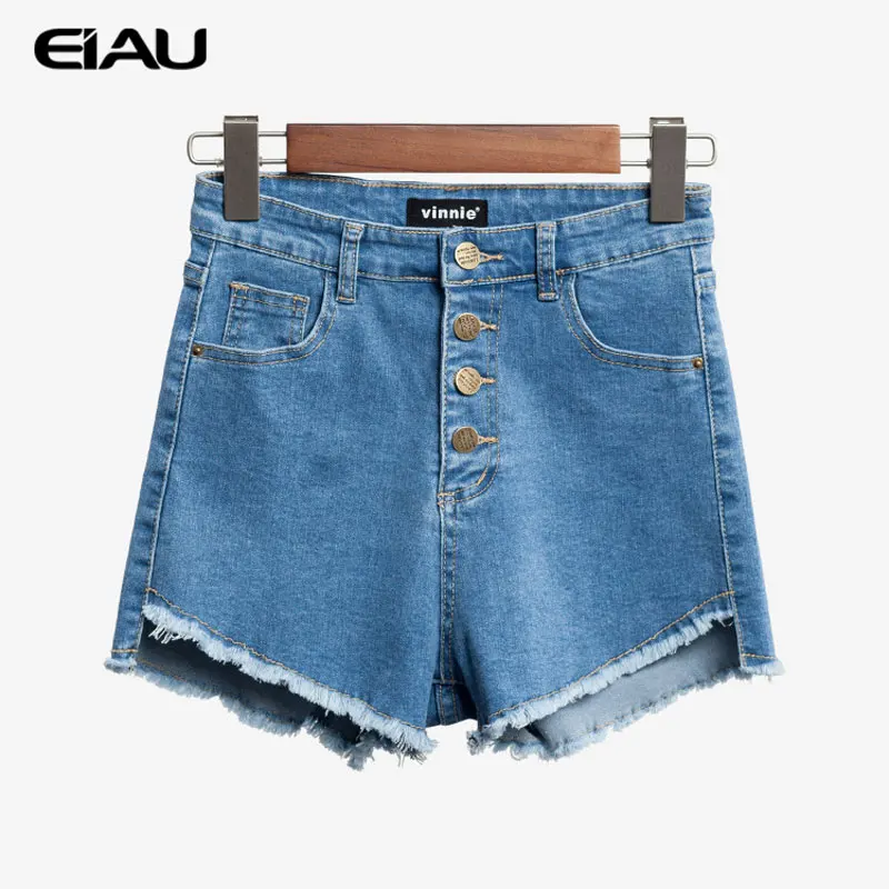 Мода Упругие Высокая Талия Шорты 4 Кнопки Кисти Нерегулярные Feminino Джинсовые для