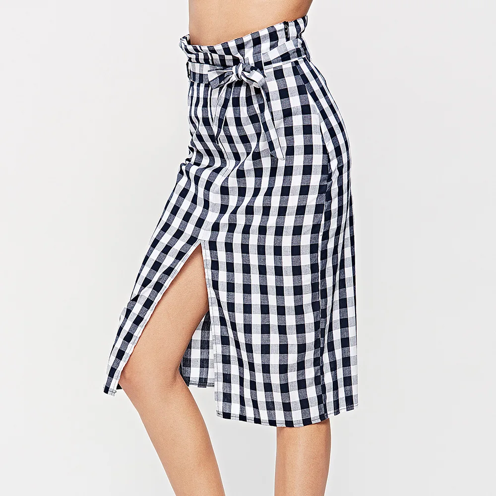 Высокая талия плед бутон повседневное женские юбки для женщин поясом разделение