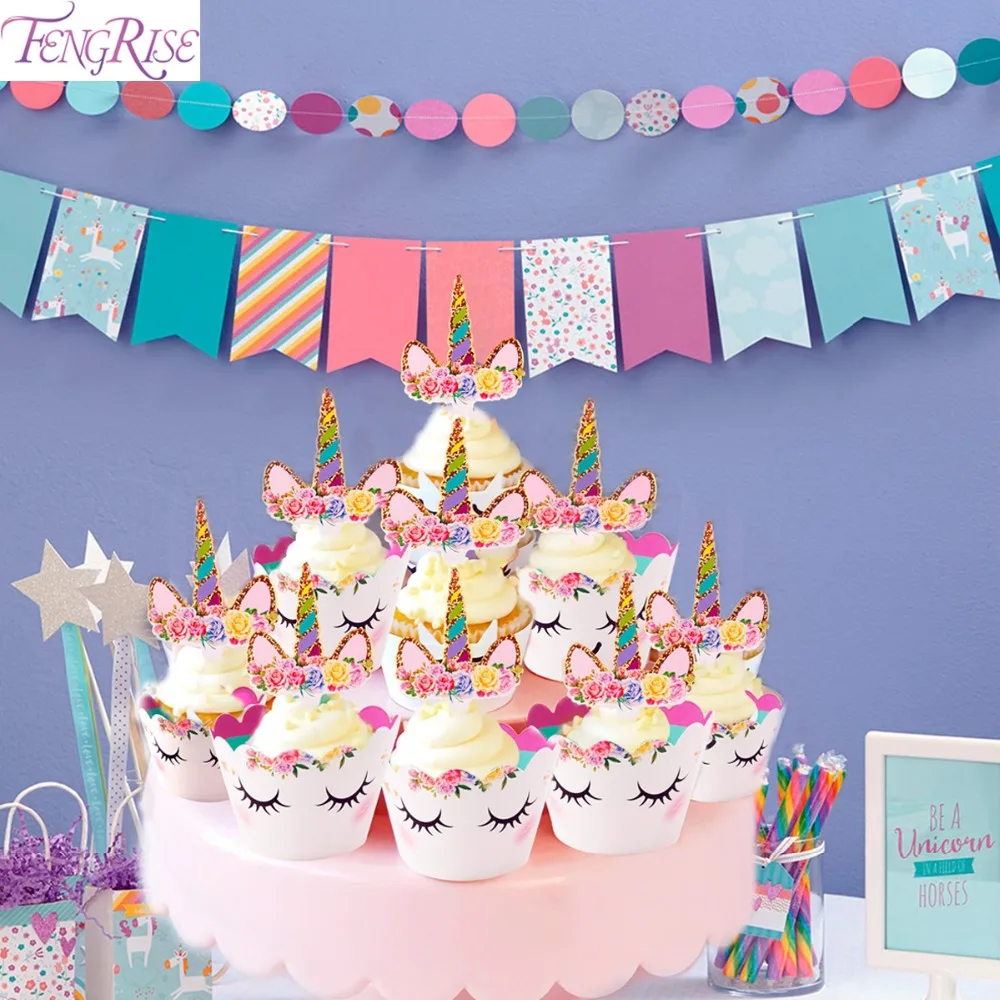 FENGRISE милый Радужный Единорог капкейк фотографический баннер Детские сувениры