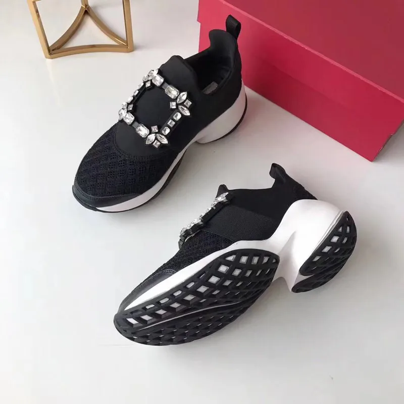 Hot Crystal Square Buckle Mesh Sneakers Women Genuine Leather Platform Thick bottom Flat Breathe Shoes Casual Shoes For Women