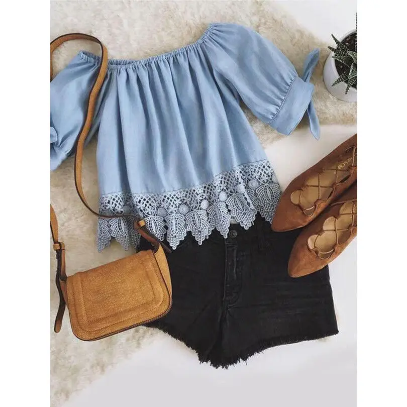 Fashion Women's Ladies Lace Off Shoulder Shirt Casual Blouse Crop Tops Blue Size Costume Summer | Женская одежда