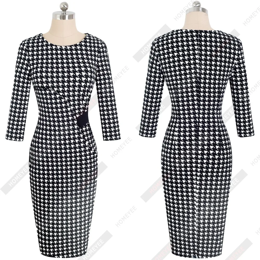 Women Elegant Houndstooth office lady Dress Casual Fitted sheath bodycon Pencil Dress EB543