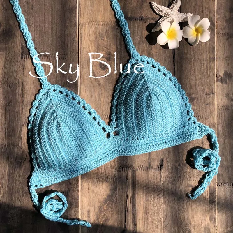 Цельные бикини купальник Mujer крючком красный верх купальника Knit Sexy Бикини Для женщин купальный бюстгальтер большой женский купальный костюм S-XL - Цвет: Sky Blue