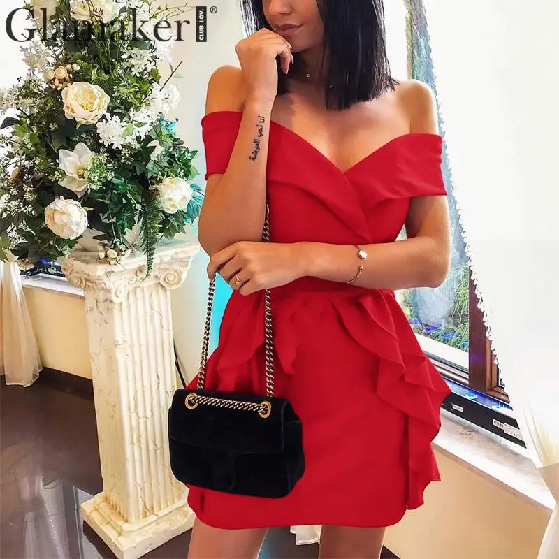 Glamaker, Ретро стиль, с оборками, красное мини-платье, женское, с открытыми плечами, облегающее, короткое, летнее платье, женское, однотонное, желтое, вечернее платье - Цвет: Красный