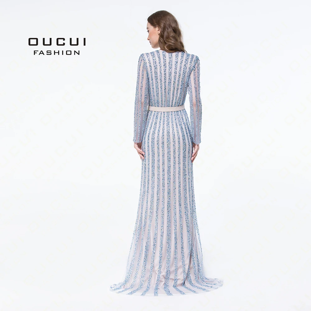 Robe de marie длинное вечернее платье ручной работы с бусинами элегантные вечерние платья с длинными рукавами синего цвета OL102933