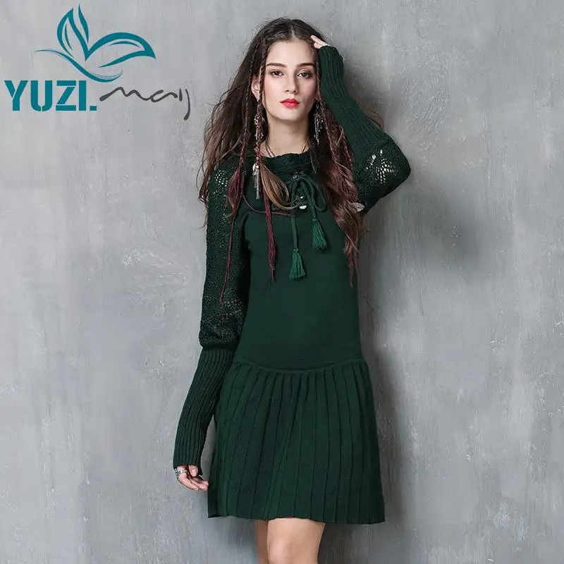 Женское платье Yuzi. may Boho Новое хлопковое шерстяное платье ТРАПЕЦИЕВИДНОЕ плиссированное платье с рукавами-фонариками и круглым вырезом A82058 Vestido Feminino - Цвет: Green