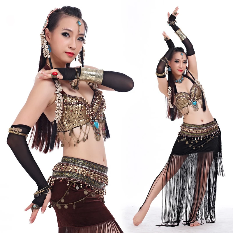 

Size S-XL Belly Dancing Clothes Tribal 2pcs Set Coins Bra, Tassel Hip Scarf Tribal Belly Dance Costume Set Performance
