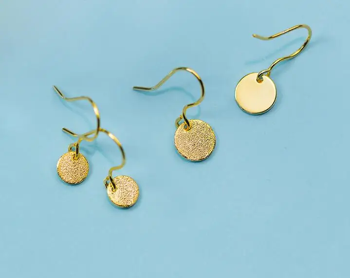 

1pair Authentic Real 100% 925 Sterling Silver fine Jewelry golden Geometric Lucky Round Coin Hook dangle Earrings gtle2286