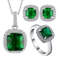 seanlov new top white gold color square jewelry set green cubic zircon pendantearringsring women wedding jewelry sets