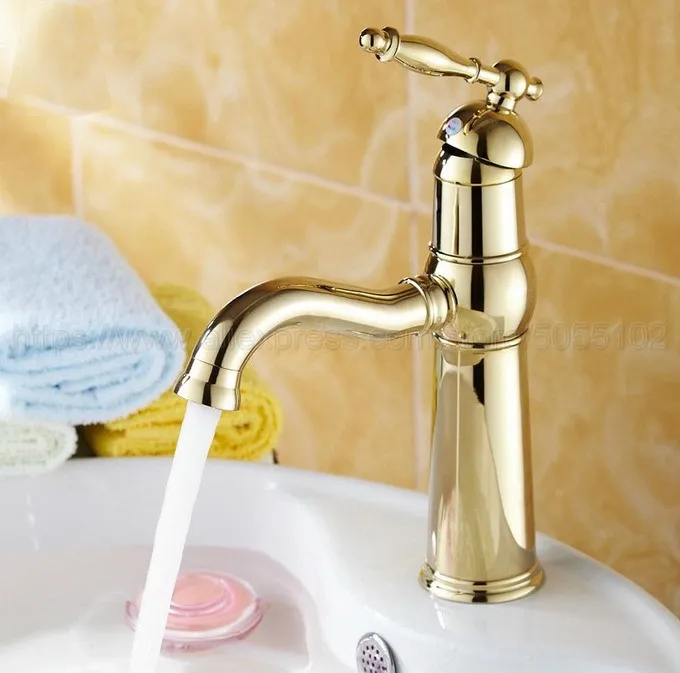 Bathroom Faucet Gold Color Brass Basin Deck Mounted Single Handle Hole Hot And Cold Water Tap znf296 | Обустройство дома