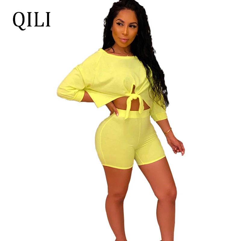 QILI Women Long Sleeve Set Summer Clothes Rompers Black Yellow Gray Crop Top+Shorts Bandage Biker Outfits For Womens | Женская одежда