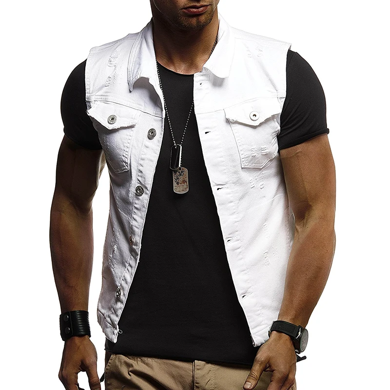 

MKASS 2019 New men's jeans waistcoat. Cowboy jacket with large fashion holes in Europe and America