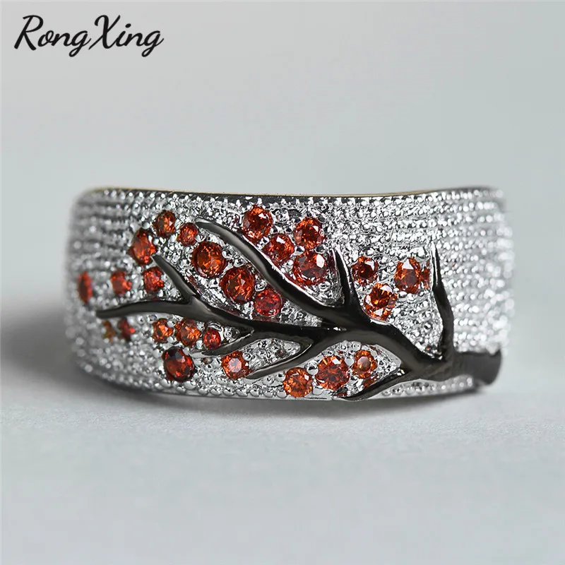 RongXing креативное кольцо с цветком сливы серебряный цвет роза красным фианитом