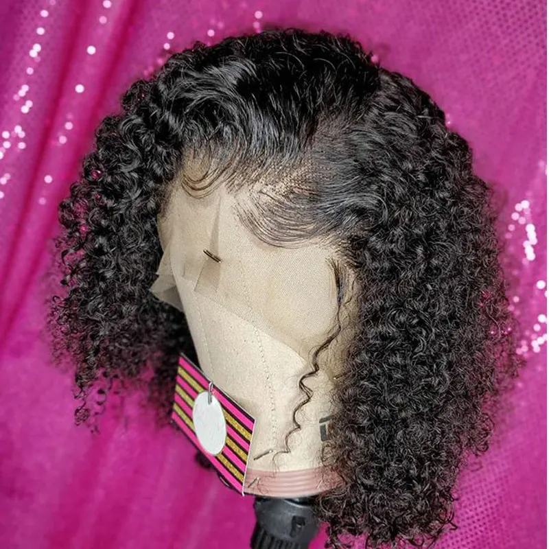 Natural Black 613 блонд короткие тупым вырезом Боб кружева спереди цветные человеческие волосы парики Кудрявые Remy невидимая прозрачная HD парик имбирь красный розовый синий - Цвет: Natural Black