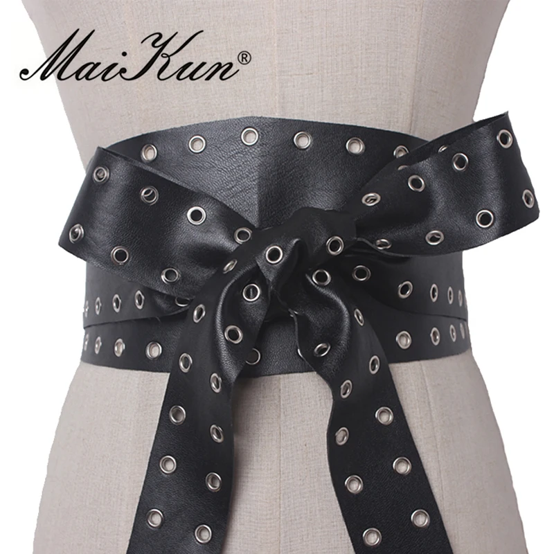 Fashion Bowknot Ultra Wide Belts for Women Self-Tie Black Faux Leather Women Belt Punk Rock Style Female Waistband Cummerbunds