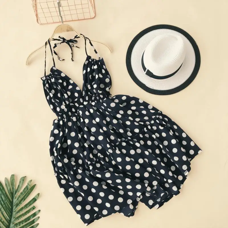 Женское платье в горошек с треугольным вырезом и эластичной талией|Женские