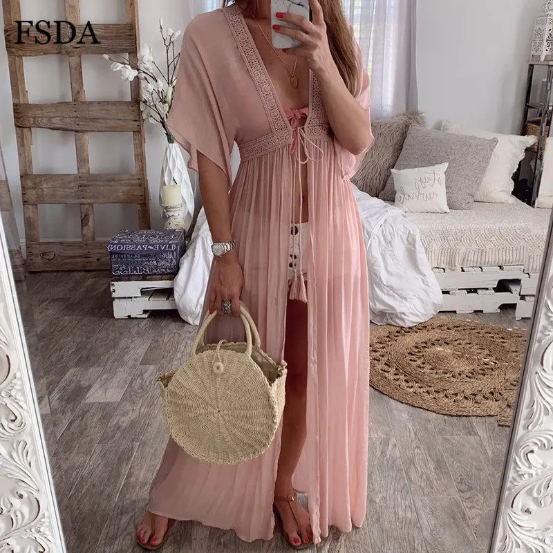 Розовый FSDA Beach Boho Maxi Cardigan Dress Lace V Neck Cotton Summer Loose Short Sleeve Casual Elegant Dress Women - Цвет: Розовый