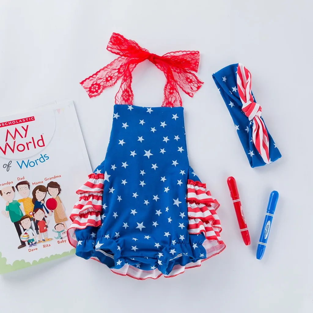 Модный летний комбинезон для маленьких девочек 4 июля со звездами + повязка на