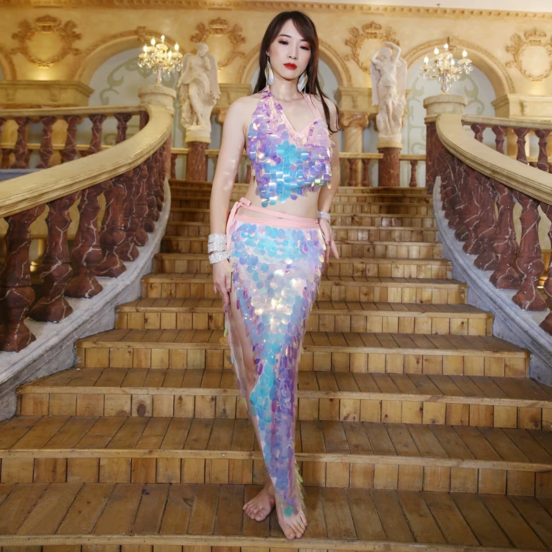 Pink Long Set Восточный танец репетиционный костюм танец живота платье для выступлений для женщин танец живота Русалка блесток костюмы 1 шт/2 шт набор пайеток для танцев - Цвет: Pink Long Set