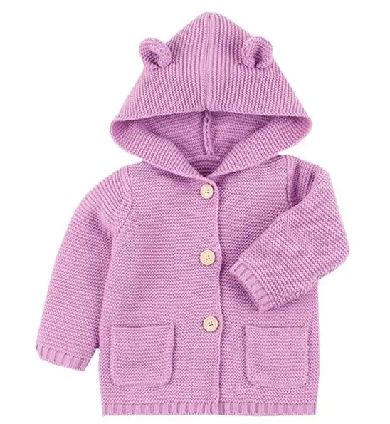 82W443 Light purple Новинка; свитера в полоску; кардиганы для маленьких девочек; осенние вязаные куртки с капюшоном для новорожденных мальчиков; детская одежда с длинными рукавами и рисунком медведя - Цвет: 82W443 Light purple