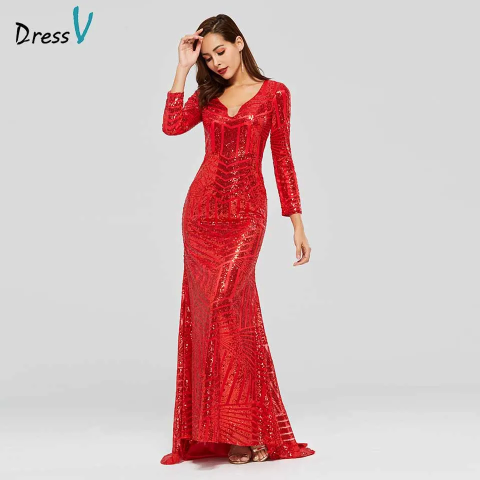Красное вечернее платье Dressv с треугольным вырезом и длинными рукавами блестками