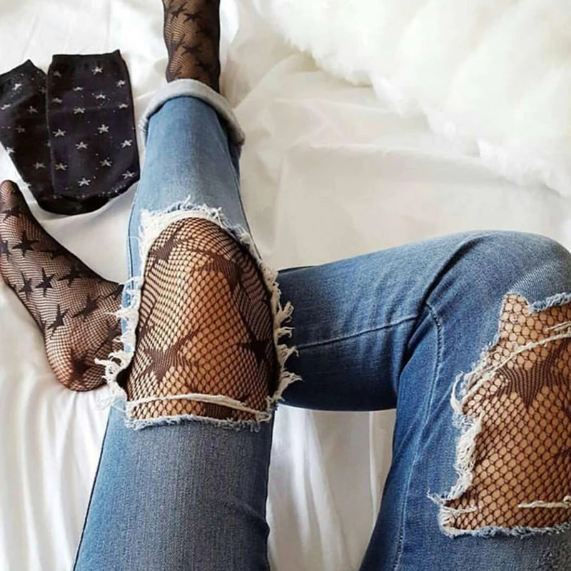 Модные женские колготки в сетку черные сексуальные с принтом звезд ажурные