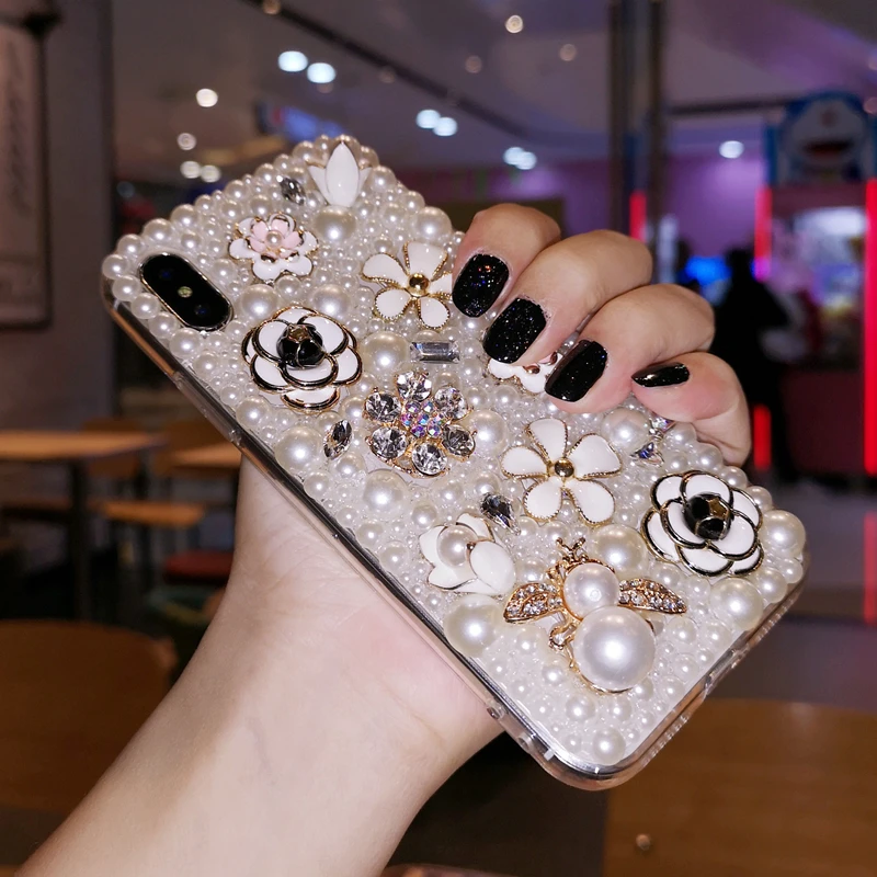 Для iphone XR Роскошный Жемчужный Цветок камелии Кристалл Алмаз чехол для iphone XS max X 6 7 8 Plus леди подарок шикарный чехол+ ремень