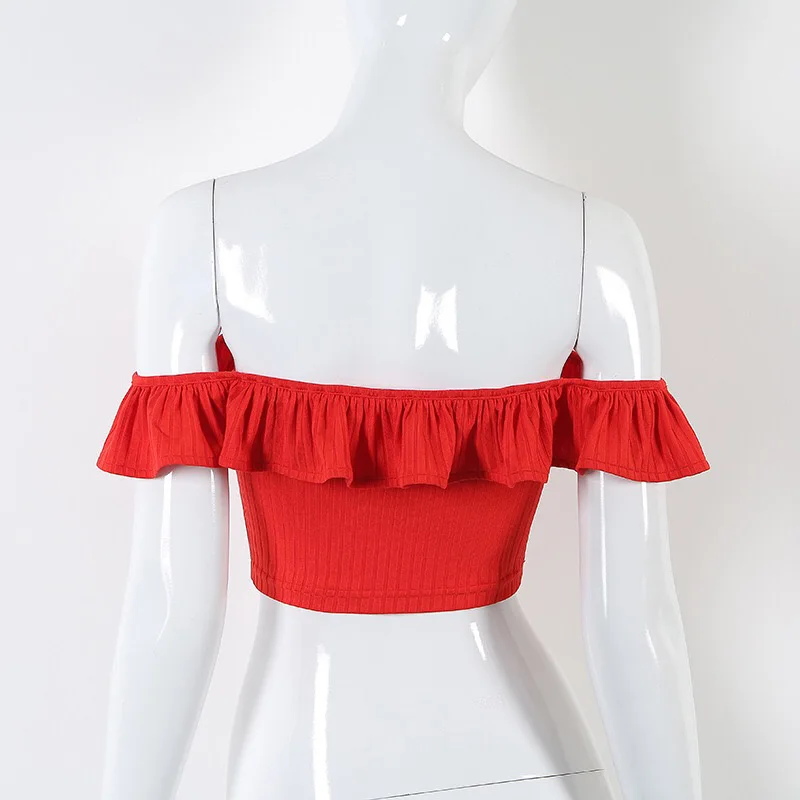 T012 красный с плеча оборками шеи ruched сексуальный женский укороченный топ