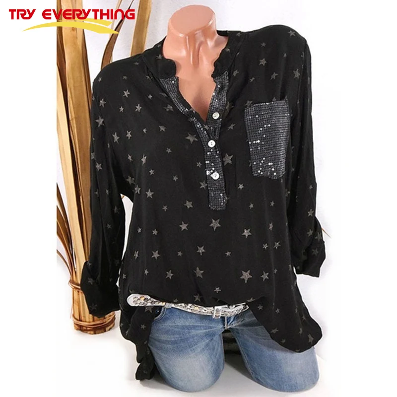 TryEverything черная блузка с карманами и длинным рукавом для женщин Лето 2019 женские