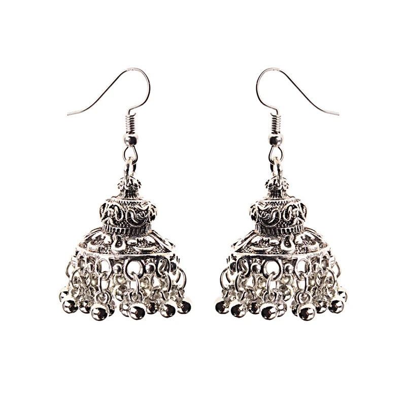 TopHanqi, серебряный цвет, античный этнический индийский Jhumka Jhumki, женские серьги, богемные серьги-капли для женщин, цыганские украшения