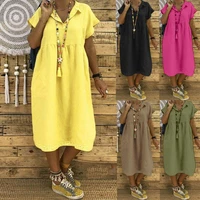 2019 women turn down collar summer dress short sleeve loose cotton dresses size l 5xl
