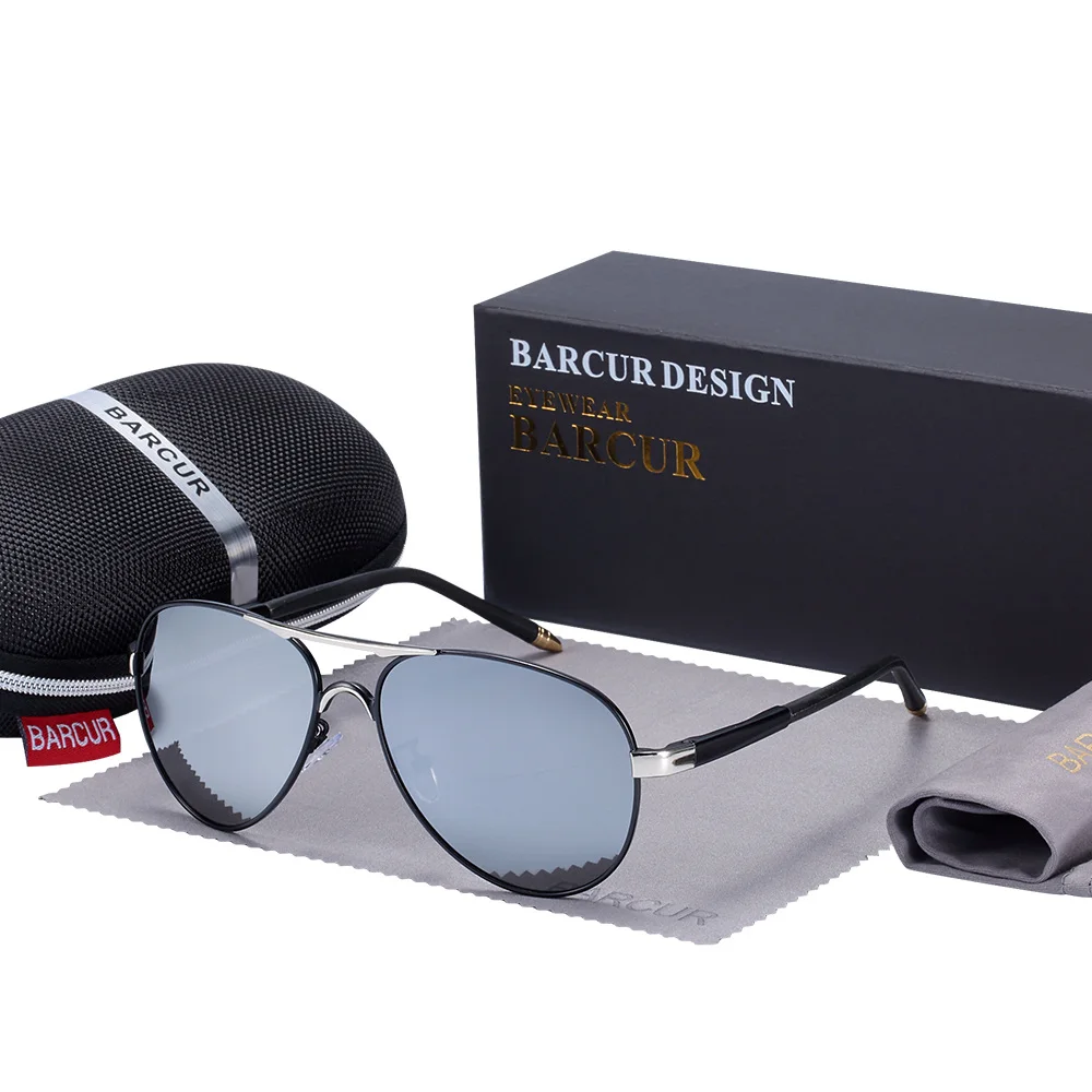 Black Silver BARCUR, мужские солнцезащитные очки для вождения, защита от уф400 лучей, мужские солнцезащитные очки, поляризационные женские очки, gafas de sol shades - Цвет линз: Black Silver