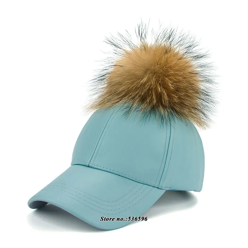 Blue X Maroon Новинка, шапка с помпонами из натурального меха для женщин, Весенняя полиуретановая бейсболка ярких цветов с помпонами из натурального меха, брендовая Новая женская кепка B310 - Цвет: Blue X Maroon