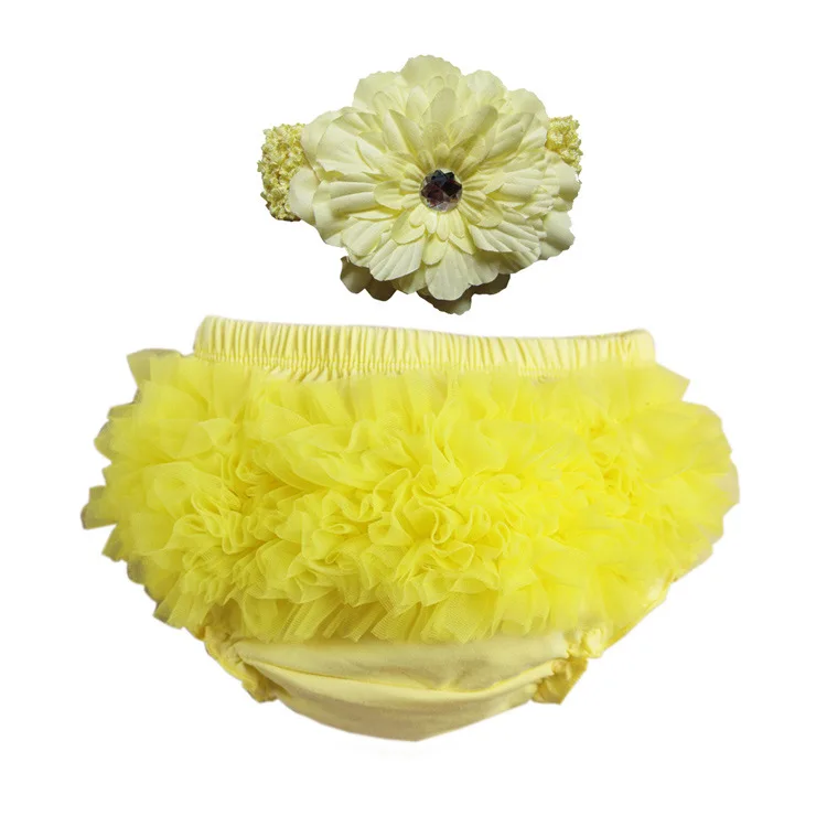 yellow Новые милые трусики-шаровары для маленьких девочек, комплект с повязкой на голову, трусики с оборками для новорожденных, кружевные шорты для младенцев - Цвет: yellow