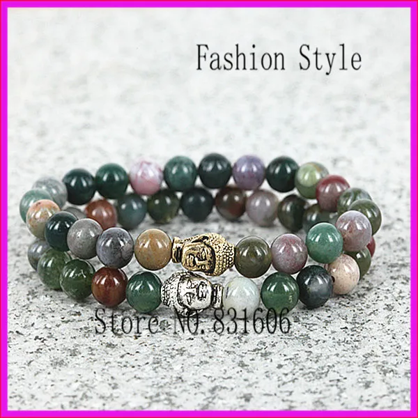 10 шт. / серия смешайте цвет 8 мм агат камень бусины браслет Серебро золото будда head