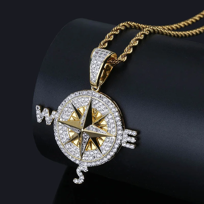 

Micro Paved AAA CZ Stone Cubic Zirconia Compass Pendants Necklaces Men Hip Hop Bling Ice Out Rapper Jewelry Gold Party Gift