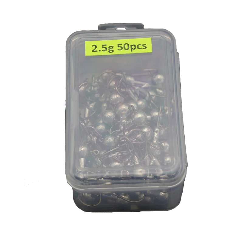 2.5g 50pcs 50 шт./кор. колючей дергающаяся приманка со свинцовым рыболовный крючок джиг комплект для Мягкая приманка, червь приманки рыболовные крючки с джиг-этилированный крючки с ящик для рыболовных принадлежностей T4 - Цвет: 2.5g 50pcs