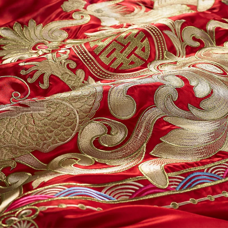 Роскошный свадебный стиль Золотой Лоонг Феникс Вышивка Комплект постельного