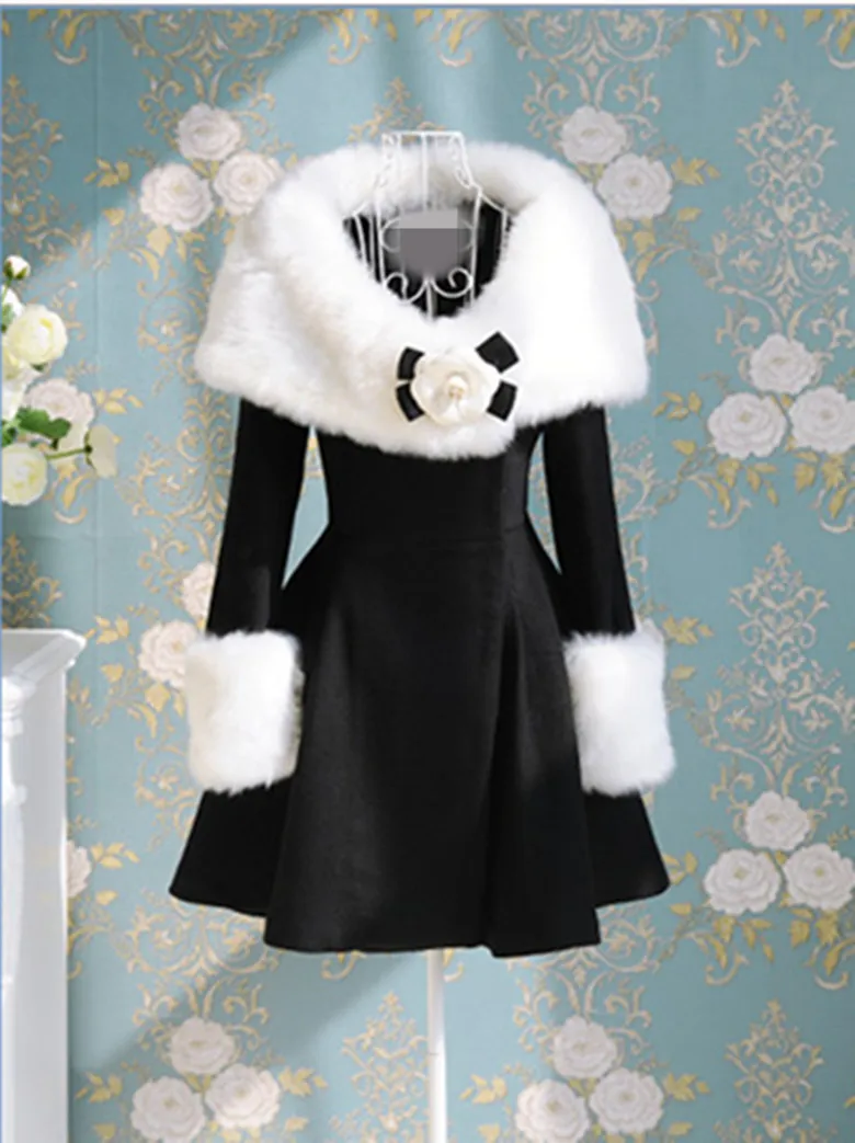 

Fashion women's faux fur collar cuff long overcoat elegant slim medium-long dress outerwear winter coat women free shipping