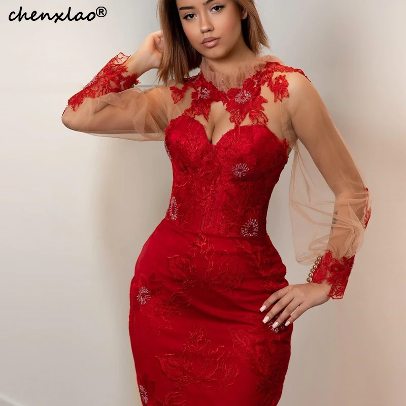 Новое красное вечернее платье с юбкой годе кружевное длинное аппликацией