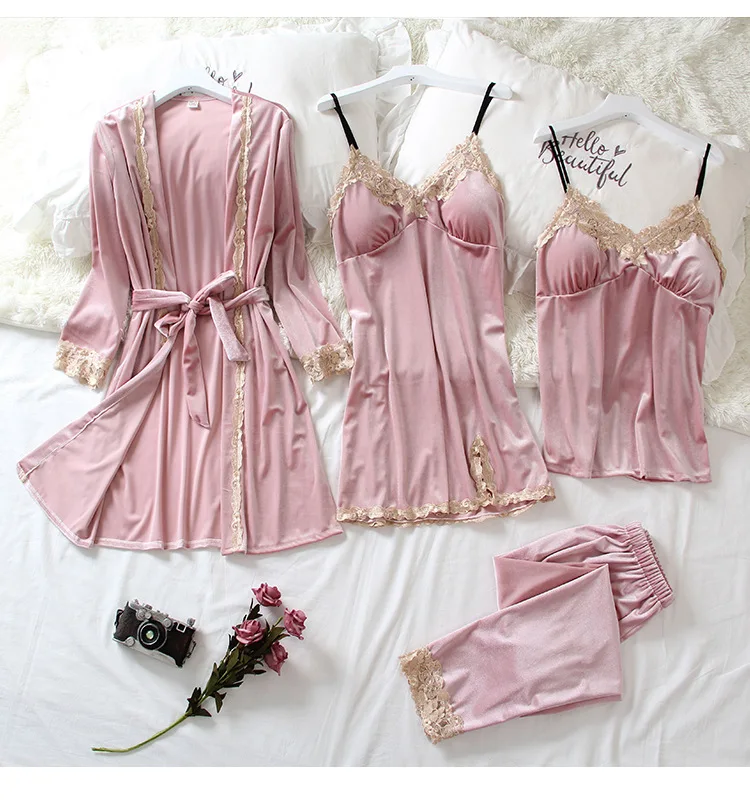 Женская пижама осенне зимний сексуальный комплект золотой Бархатный из четырех