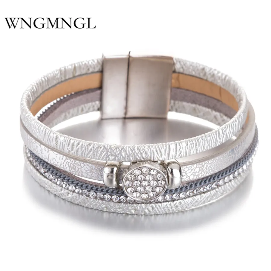 

WNGMNGL 2018 New Leather Bracelet Punk Style Crystal Multilayer Magnet Bangles For Women Men Charm Statement Fashion Jewelry