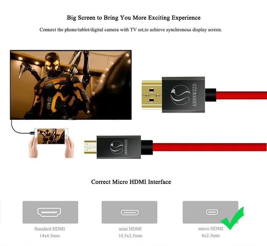 Annwzzd микро HDMI(тип D) к HDMI(тип A) позолоченный(высокая скорость) микро HDMI кабель 1.4a 2,0 Реального 3D и Ethernet