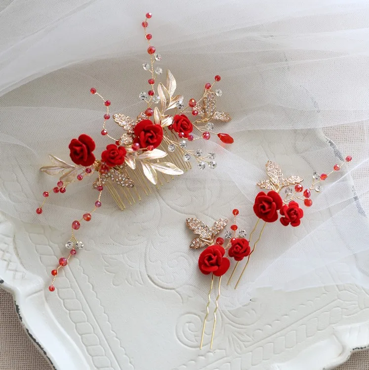 Jonnafe Pretty Red Rose Foral Hair Comb Bridal Pins Handmade Women Prom Jewelry Wedding Accessories Bridesmaid Headpiece | Украшения и